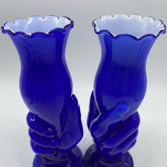 Victorian Cobalt Blue Vintage Vase Pair with Hands - Picture 3 of 5